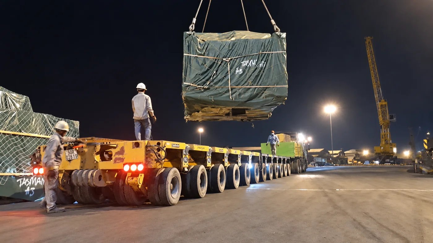 Kiện hàng nặng được cẩu phía trên rơ-moóc mô-đun nhiều trục trong ca làm việc ban đêm